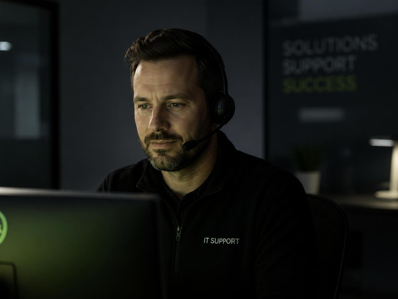 IT support engineer with a headset assisting a client remotely